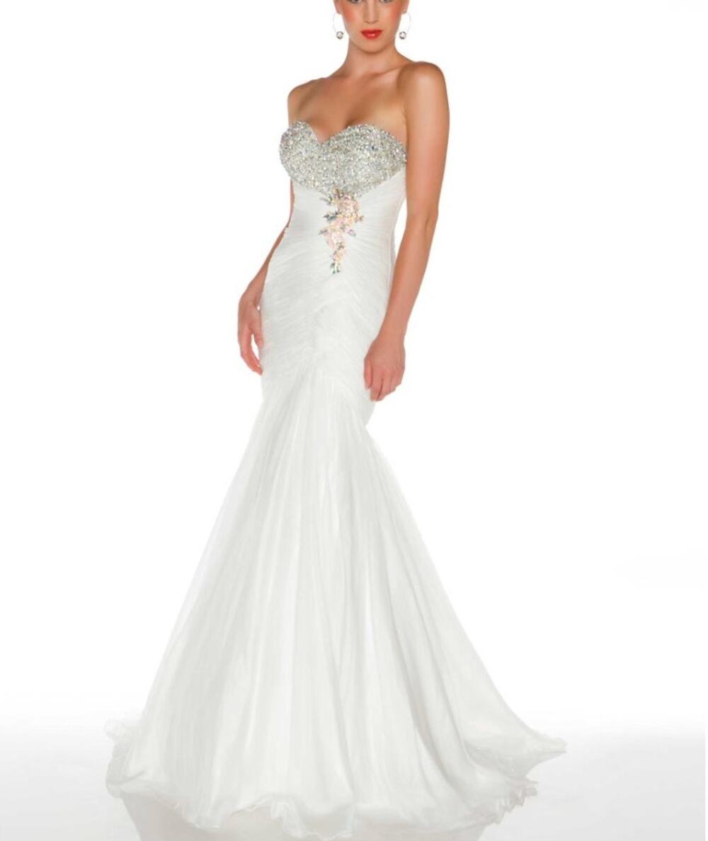 Mac Duggal Bustier Gown White Beaded Embellishments Size 10 NWT 64330 Wedding